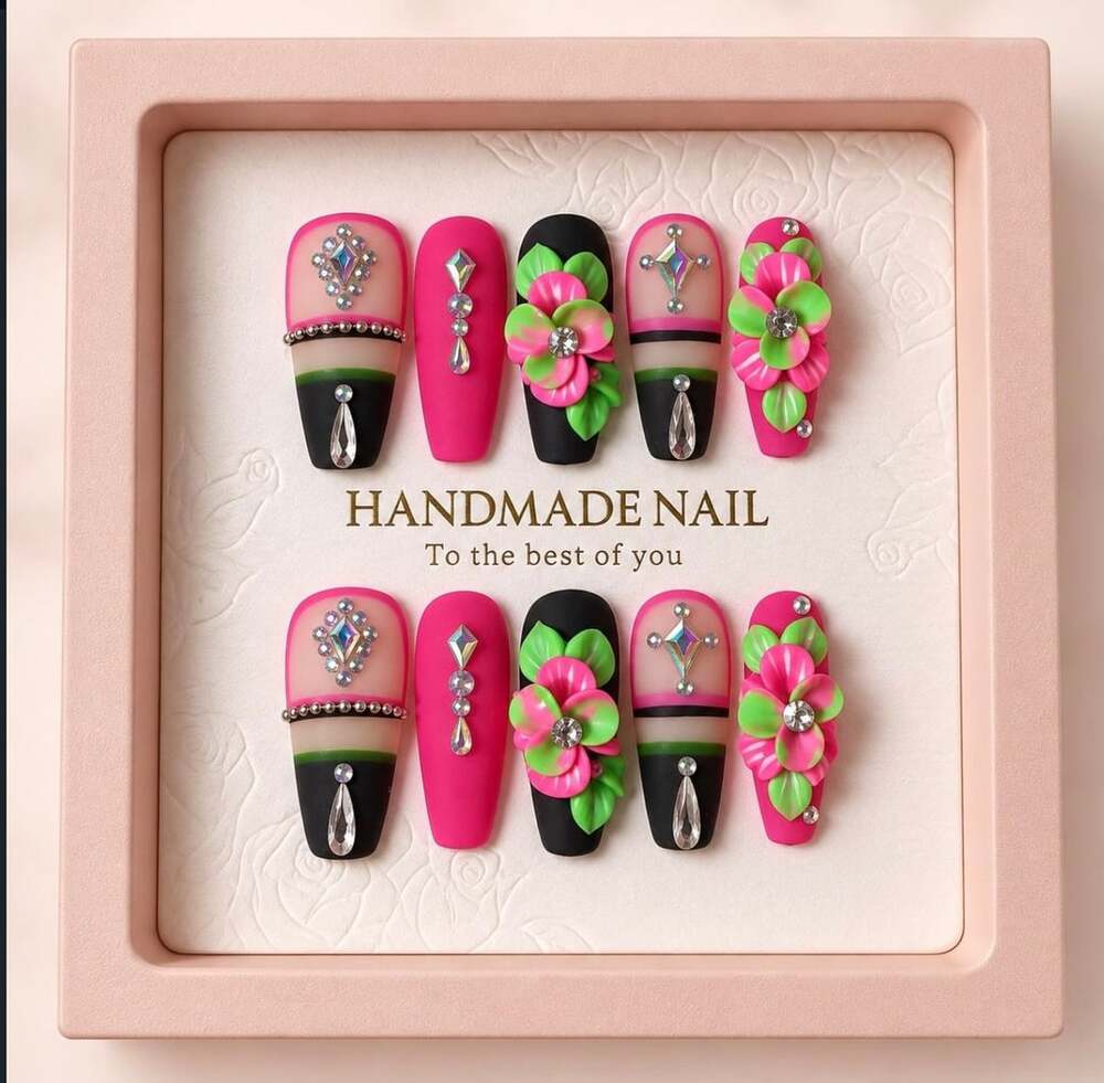 Handmade Reusable Press-On Nails 3D Pink Floral Green Leaves Rhinestones Coffin